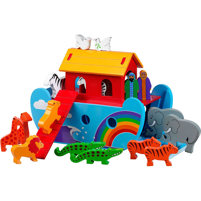 Small rainbow ark toy with colorful wooden animals for creative storytelling from Froglet Toys