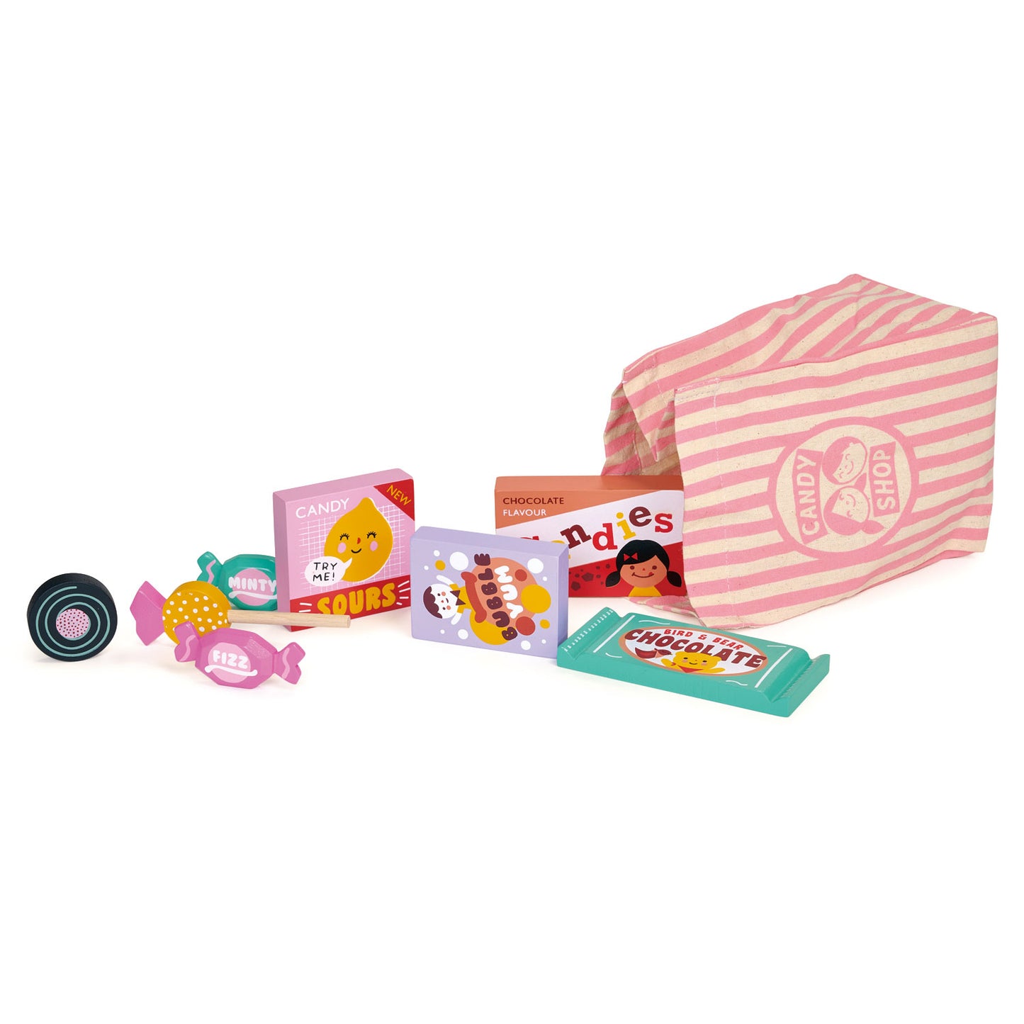 Wooden candy shop bag play set. Bag on it's side with wooden sweets and chocolates
