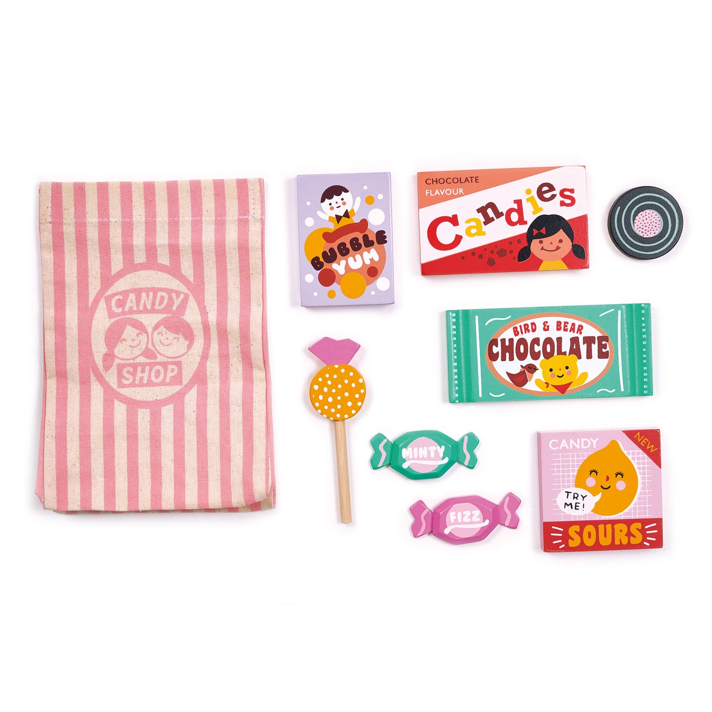 Contents of wooden toy candy shop bag laid out. Included is a lolly pop, two small sweets, liquorice wheel, bubble gum pack, chocolate flavoured candies, chocolate bar, and a box of candy sours with a fabric sweets bag.