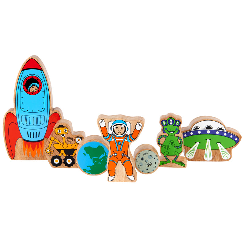 Space playset wooden toy featuring rockets and planets from Froglet Toys