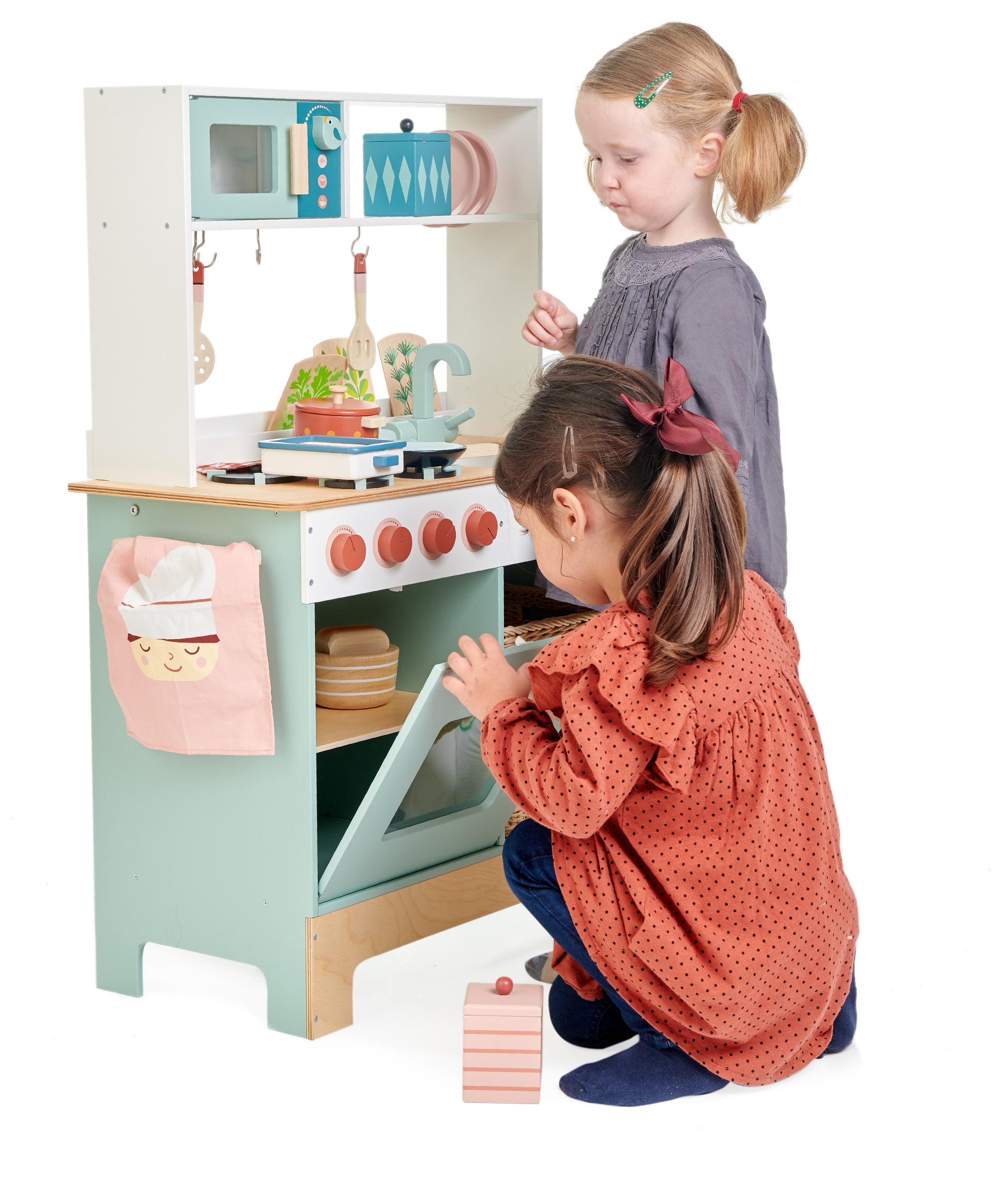 Tender Leaf Toys Kitchen Range side view showing two children playing