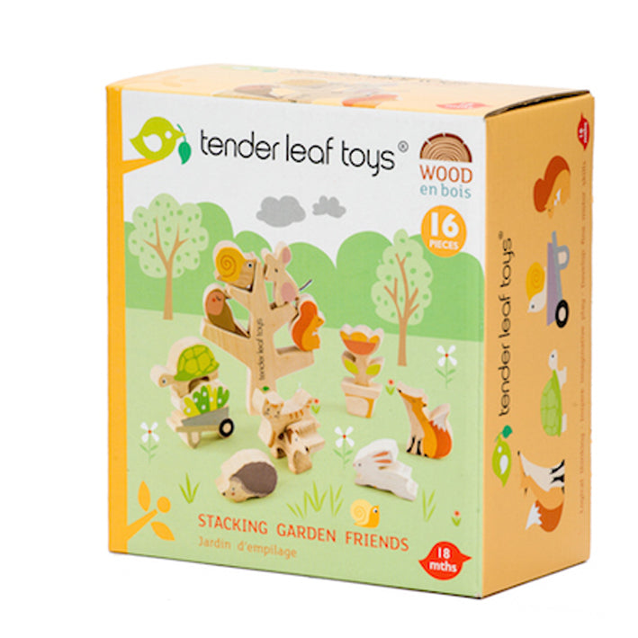 Stacking garden friends toy set with wooden animal pieces by Froglet Toys