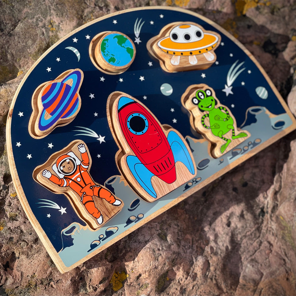 Space shape sorter toy for toddlers’ educational play, available at Froglet Toys