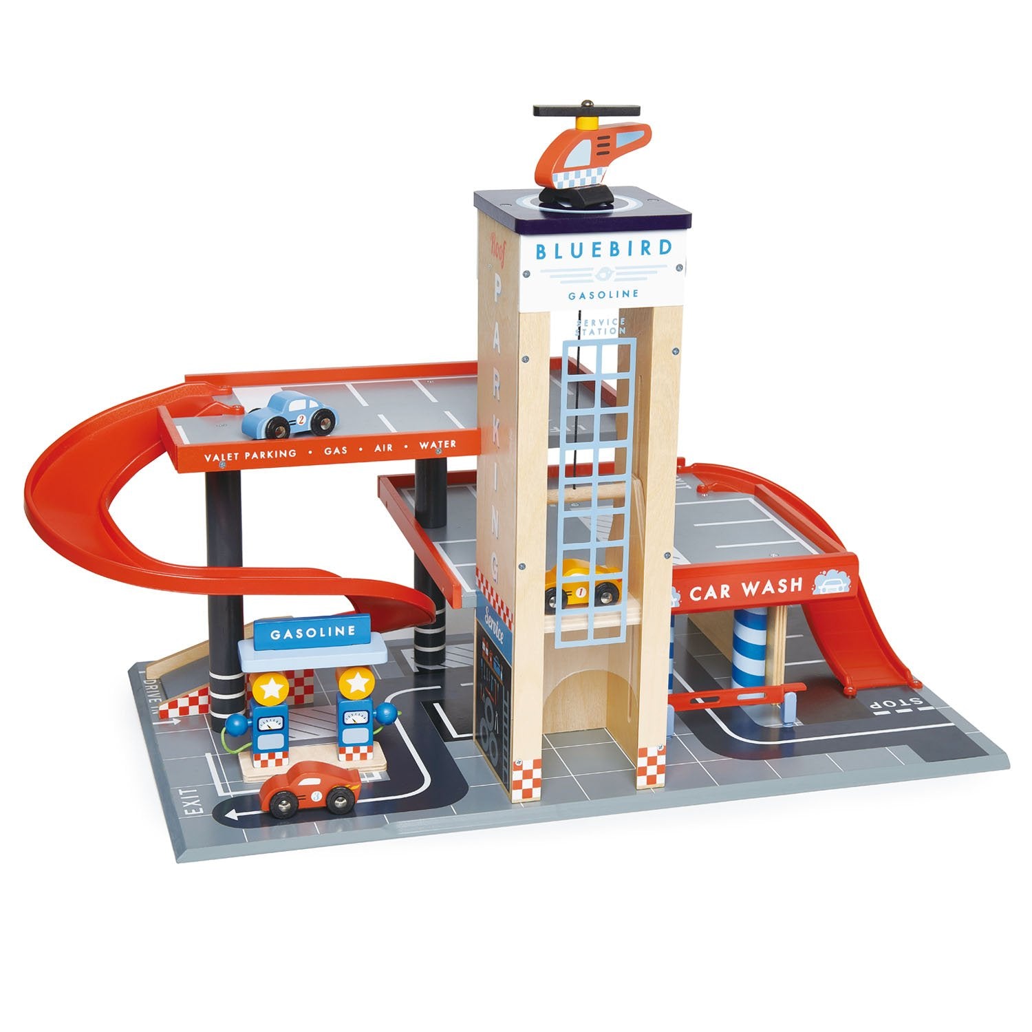 Wooden garage set with cars and helicopter