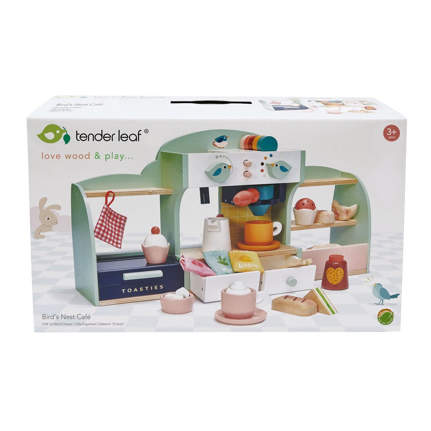 Box containing wooden toy cafe playset