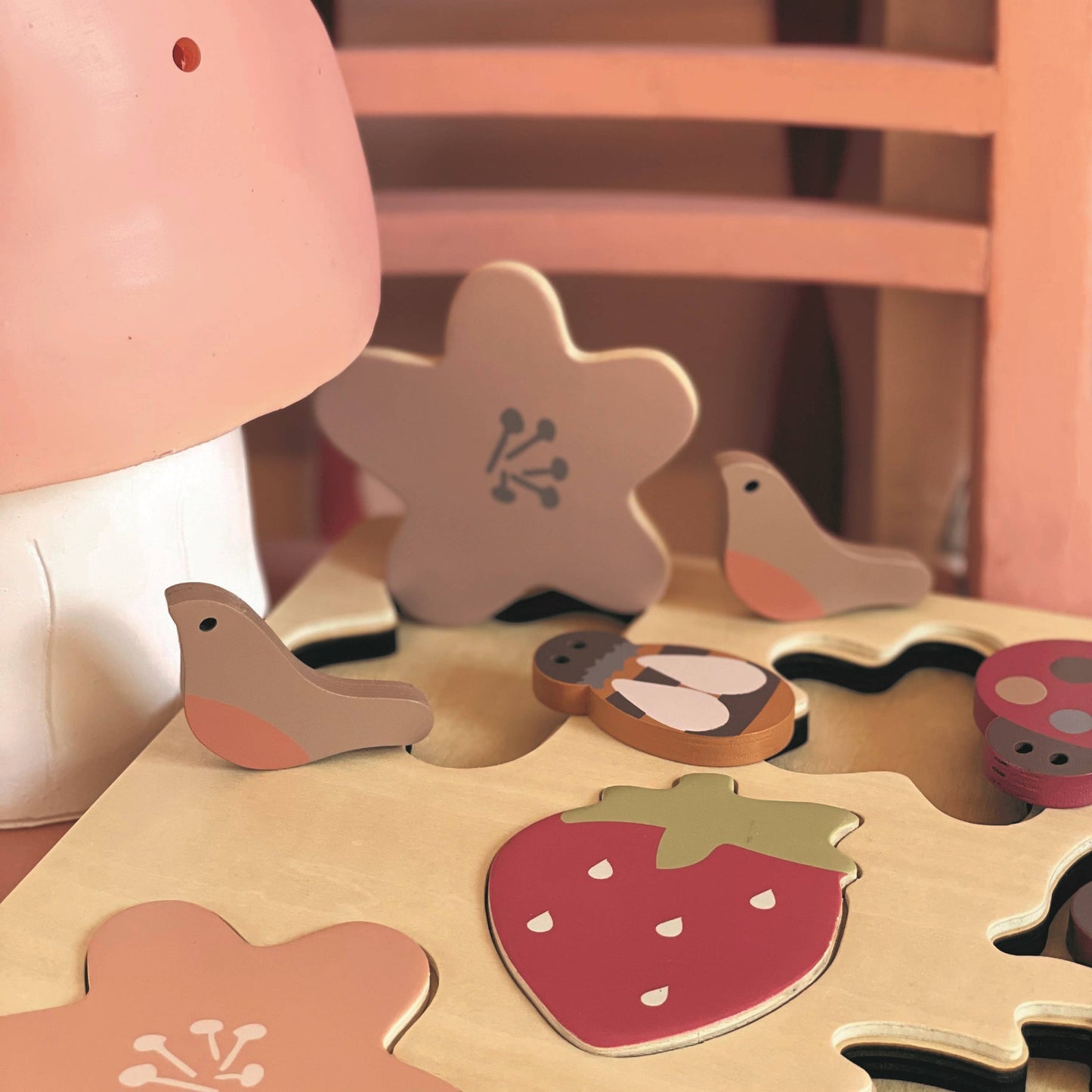 Strawberry puzzle wooden toy with colorful pieces for fun and educational play - Froglet Toys