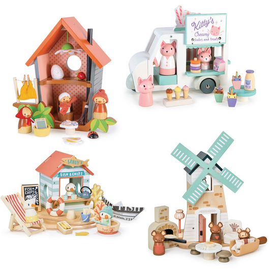 Merrywood Tales Bundle - Kitty's Van, Robin's Nest Box, Penny Windmill, Sandy's Beach hut