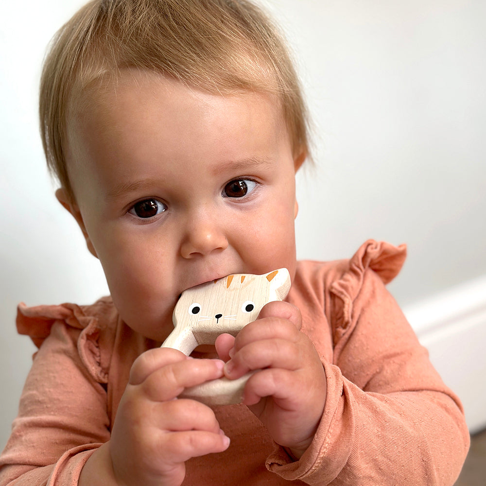 Baby chewing wooden teether in the shape of a kitten