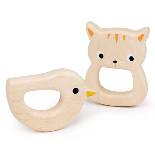 Wooden teethers for babies in the shape of a bird and kitten.