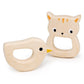 Wooden teethers for babies in the shape of a bird and kitten.