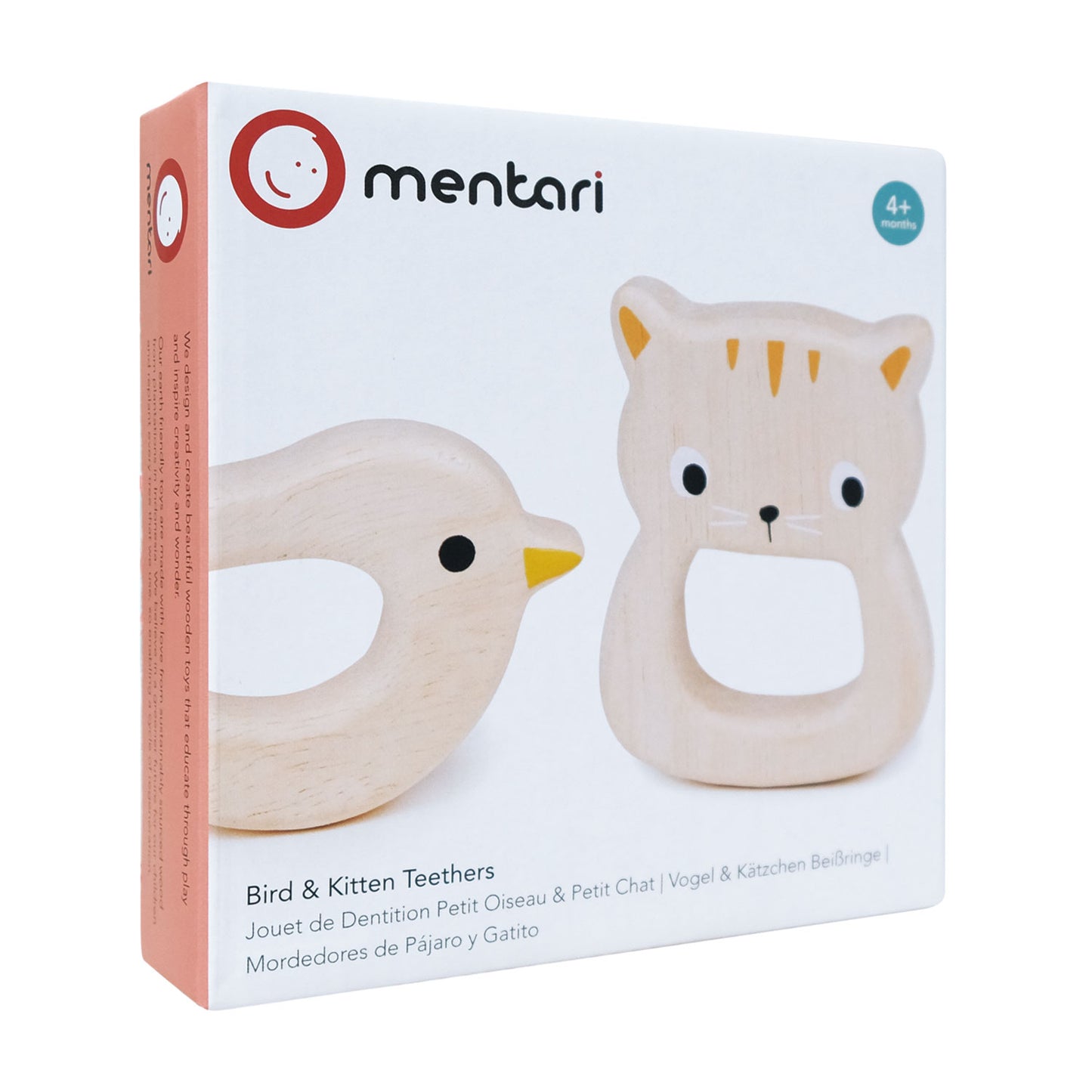Box containing wooden teethers in the shape of a bird and a kitten 