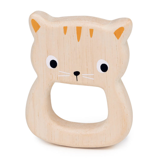Wooden teether for a baby in the shape of a kitten
