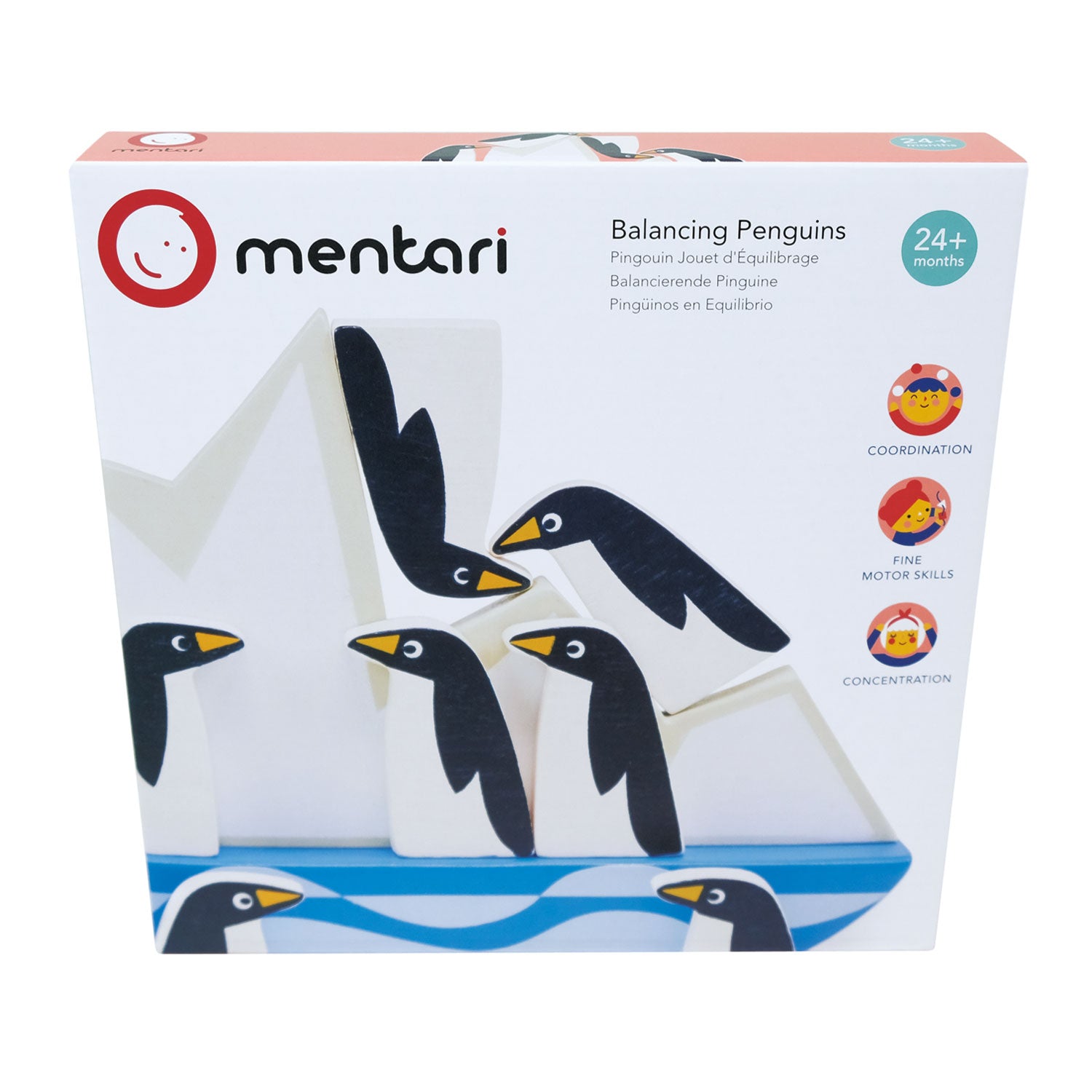 Box containing wooden toy balancing penguins game.