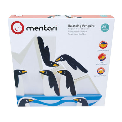 Box containing wooden toy balancing penguins game.