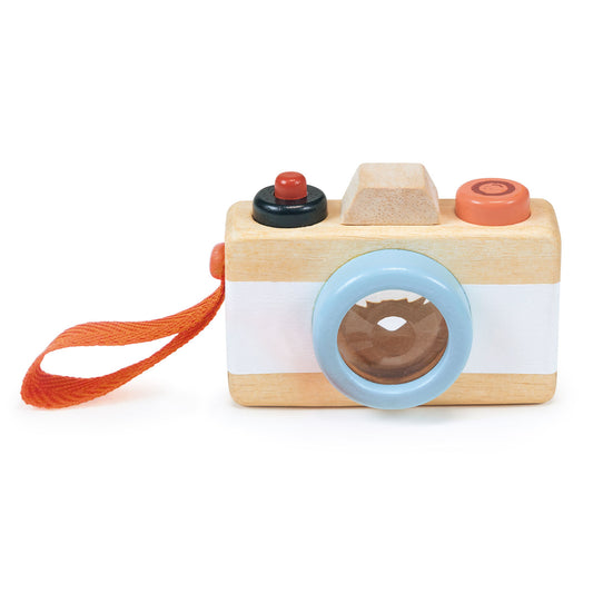 Wooden toy camera with a squishy button, kaleidoscope lens and carry handle
