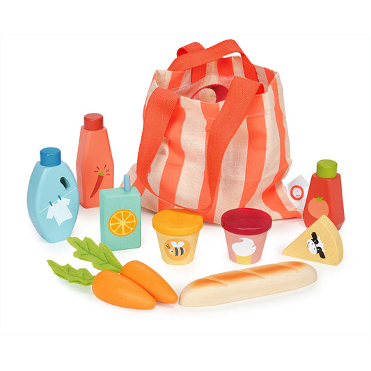 Colourful wooden toy grocery set contained in a fabric bag.