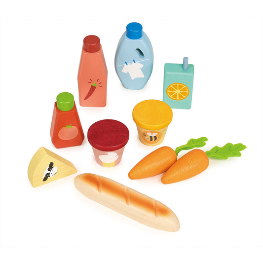 Colourful wooden toy groceries 