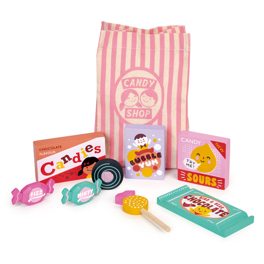 Wooden toy candy shop bag.  Wooden sweet and treats with a fabric sweets bag