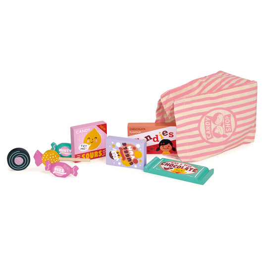 Wooden candy shop bag play set.  Bag on it's side with wooden sweets and chocolates 