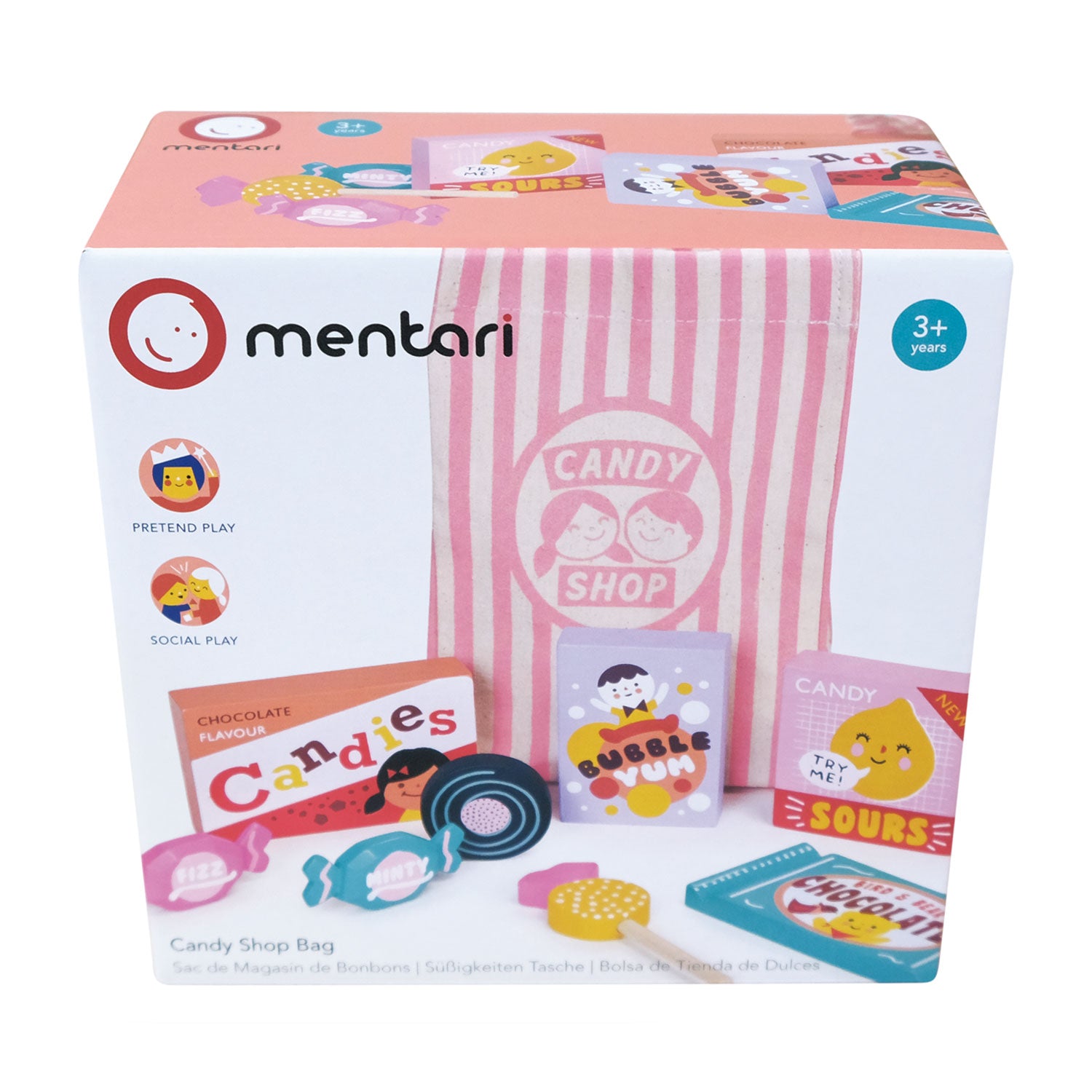 Box containing wooden toy candy shop bag playset