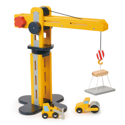 Large wooden crane toy with two construction vehicles 