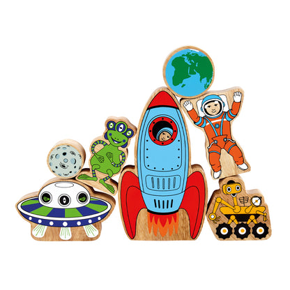 Space playset wooden toy featuring rockets and planets from Froglet Toys
