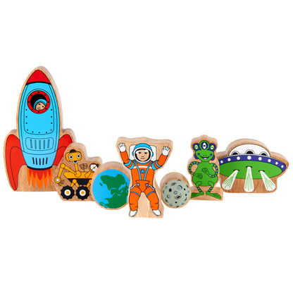 Space playset wooden toy featuring rockets and planets from Froglet Toys
