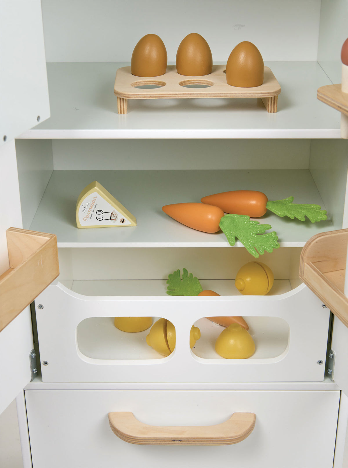 Tenderleaf wooden refrigerator toy for pretend kitchen play, from Froglet Toys
