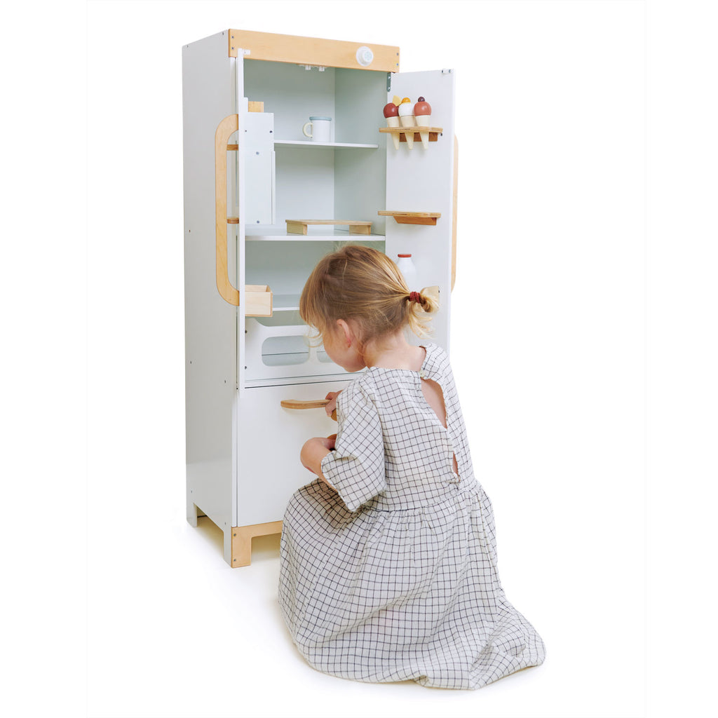 Tenderleaf wooden refrigerator toy for pretend kitchen play, from Froglet Toys
