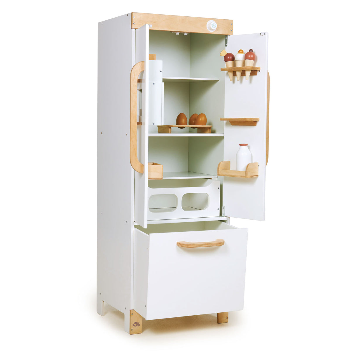 Tenderleaf wooden refrigerator toy for pretend kitchen play, from Froglet Toys
