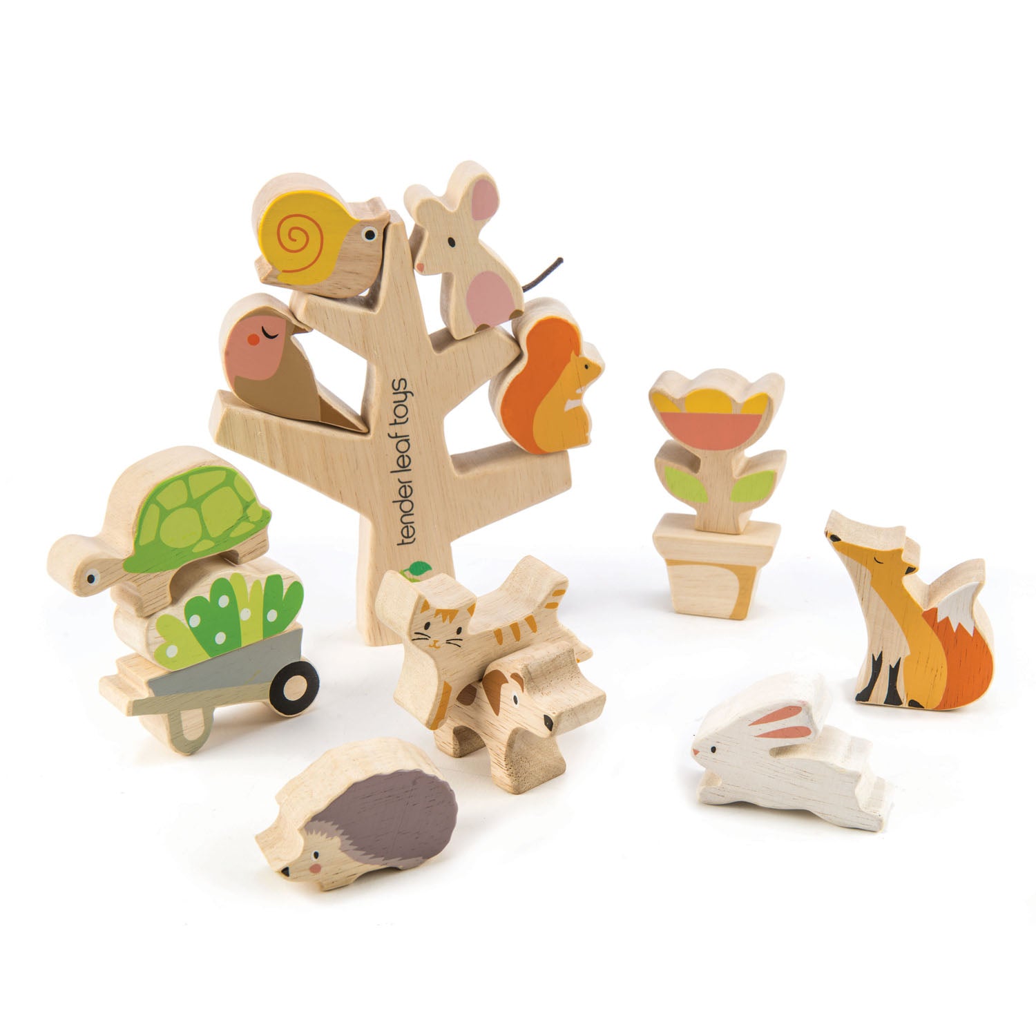Stacking garden friends toy set with wooden animal pieces by Froglet Toys
