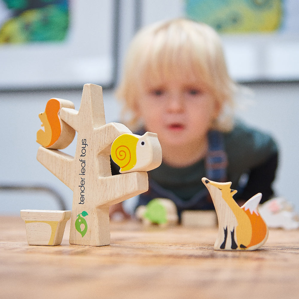 Stacking garden friends toy set with wooden animal pieces by Froglet Toys
