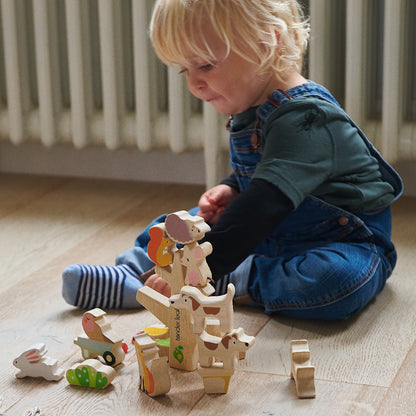 Stacking garden friends toy set with wooden animal pieces by Froglet Toys
