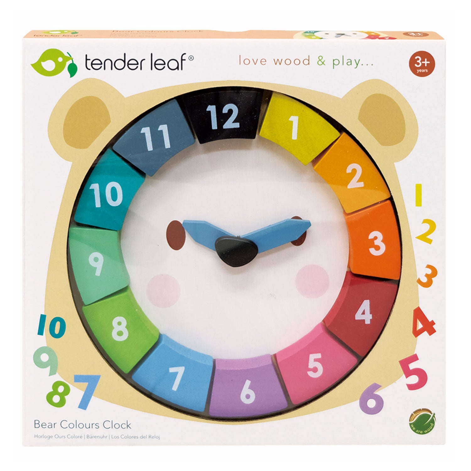 Box containing wooden bear clock with removable numbers and moving hands.