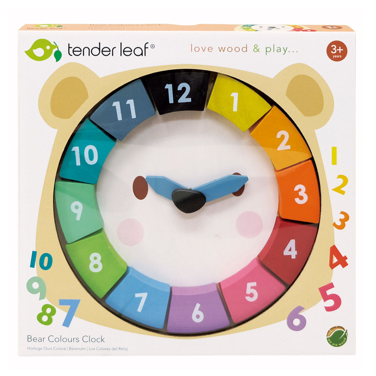 Box containing wooden bear clock with removable numbers and moving hands.