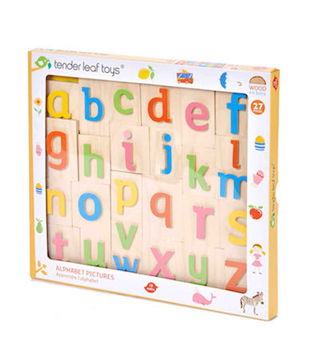 Box contains wooden alphabet game for toddlers and young children.