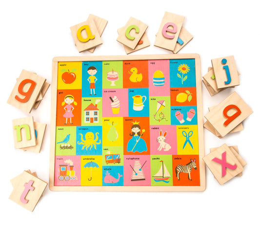 Wooden alphabet toy for toddlers and young children.  Wooden pieces with letters on liftes away from the board to show an images starting with the same letters.
