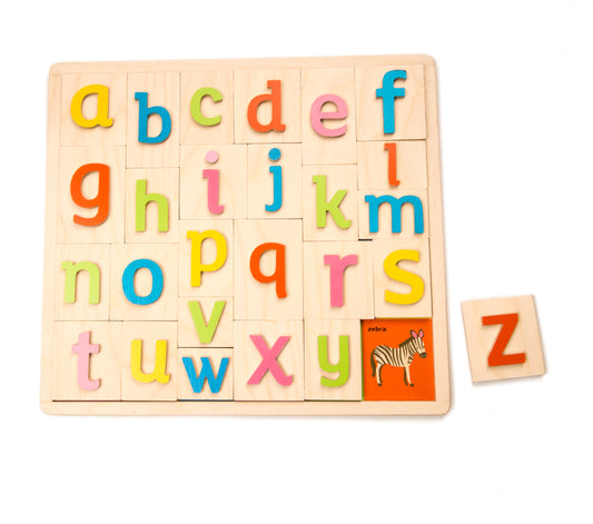 Wooden alphabet toy for toddlers and young children.  Wooden pieces with letters on lift away from the board to show an image starting with the same letter.