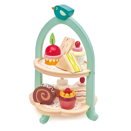 Wooden toy afternoon tea set with stand, sandwiches and cakes