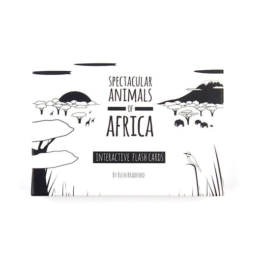 Box of black and white flash cards for babies with an animals of Africa theme.