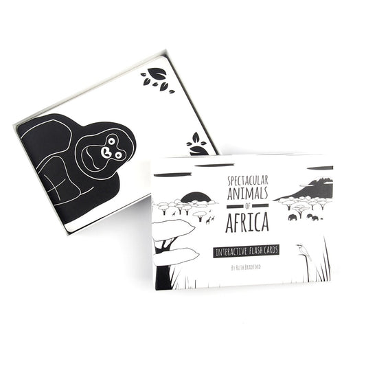 Box of black and white flash cards for babies with an animals of Africa theme.  Showing a gorilla.  