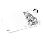 Black and white book for babies showing an image of a jaguar with the word on the opposite page.  