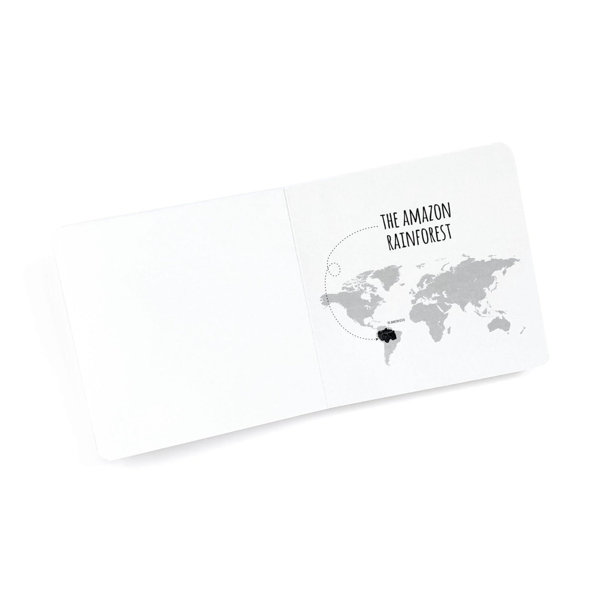Black and white book for babies showing a basic map highlighting where the Amazon is.