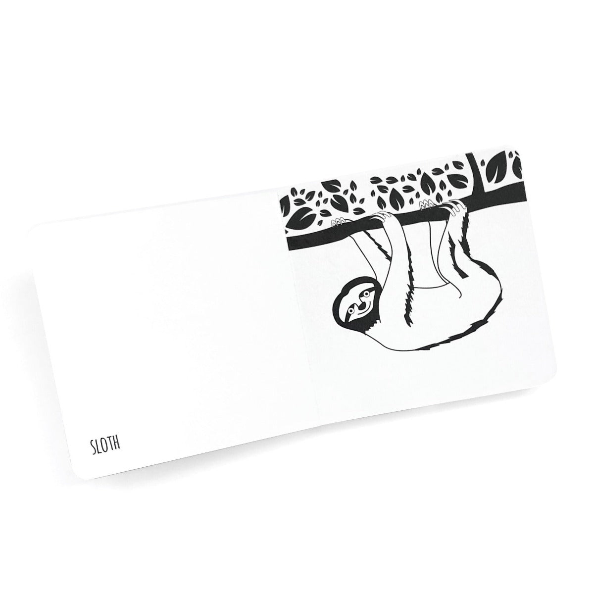 Black and white book for babies showing a drawing of a sloth with the word on the opposite page.