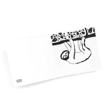 Black and white book for babies showing a drawing of a sloth with the word on the opposite page.