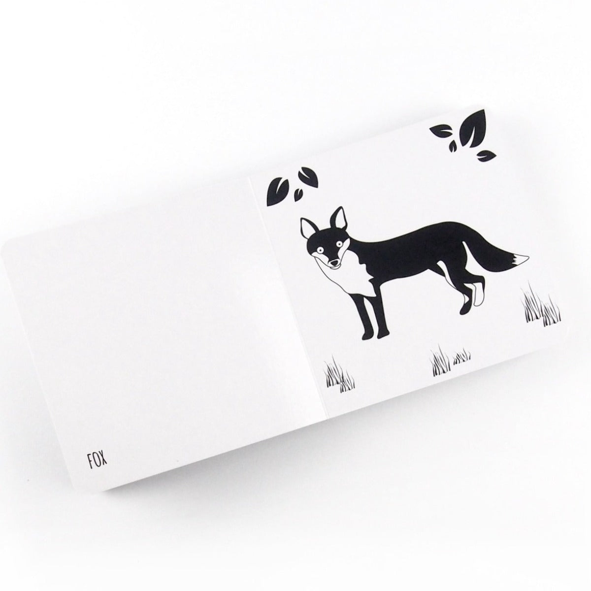 Picture of a fox with the word on the opposite page from black and white baby board book