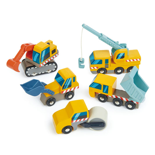 A set of five wooden toy construction vehicles with moving parts.  Set includes a dump truck, front loader, excavation digger, crane truck and road roller.