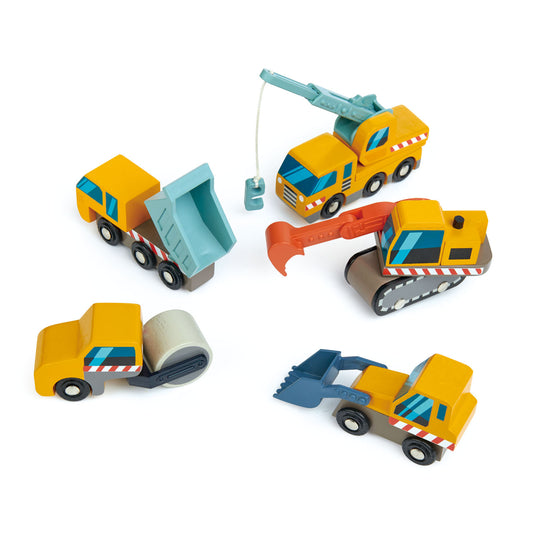 A set of five wooden toy construction vehicles with moving parts.  Set includes a dump truck, front loader, excavation digger, crane truck and road roller.