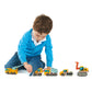Child playing with set of wooden toy construction vehicles.