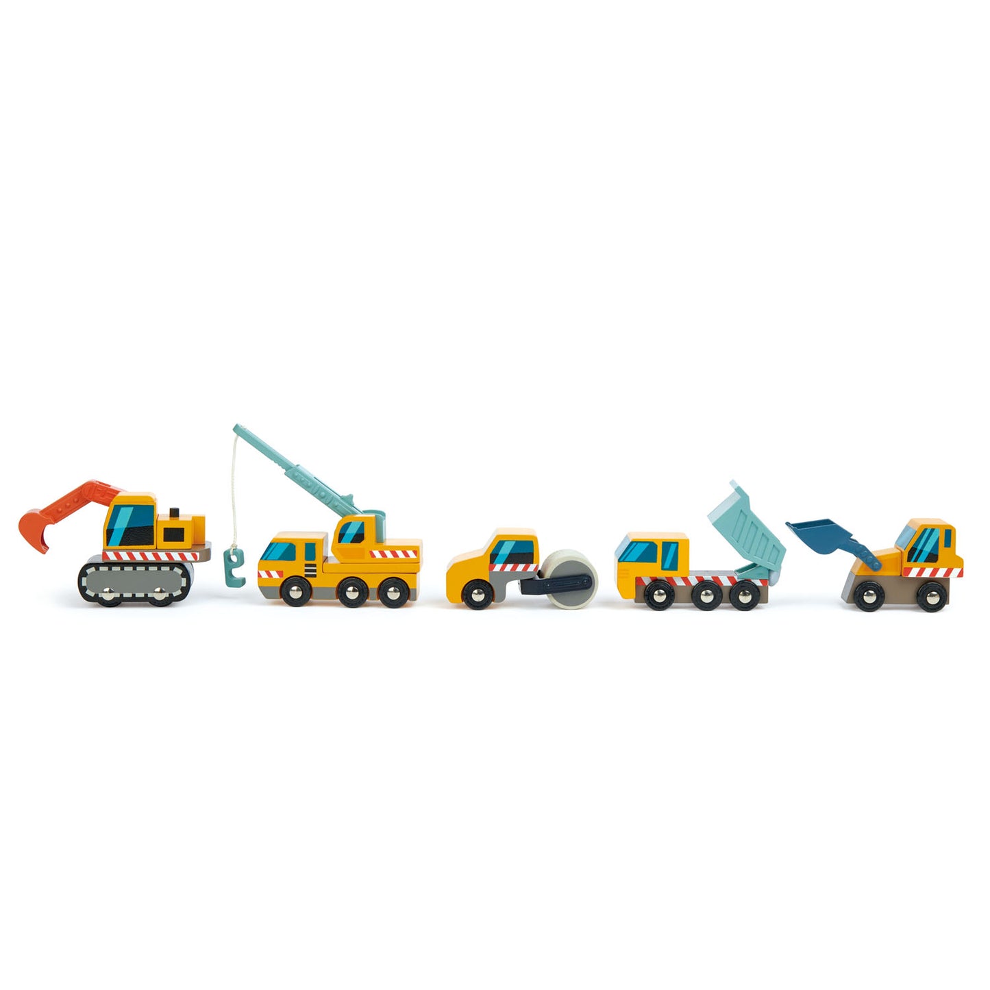 Set of five wooden toy construction vehicles in a row.  Set includes a dump truck, front loader, excavation digger, crane truck and road roller.